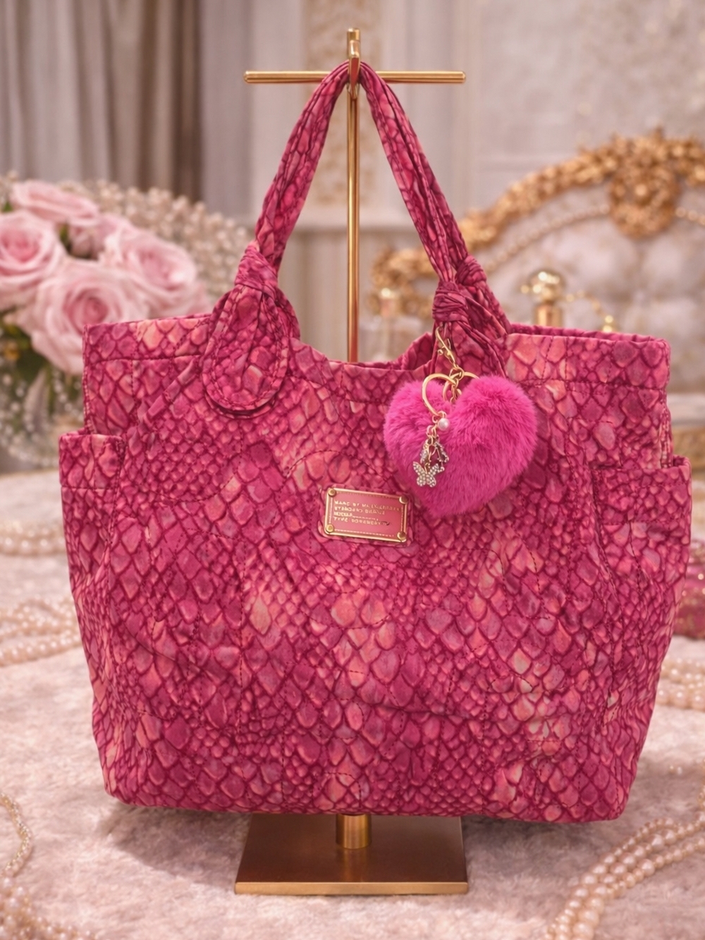 Marc by Marc Jacobs Pink Snake-Print Tote with Pom Charm